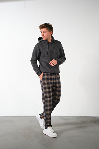 Domoda Bej Ekoseli Flanel Pijama Altı Rahat Kesim Dar Paça Pamuklu Erkek Pantolon