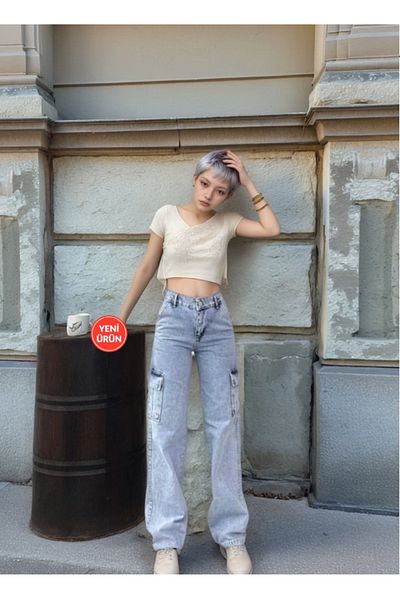 SHEVEGA Ice Blue Lycra High Waisted Cargo Pocket Palazzo Jeans