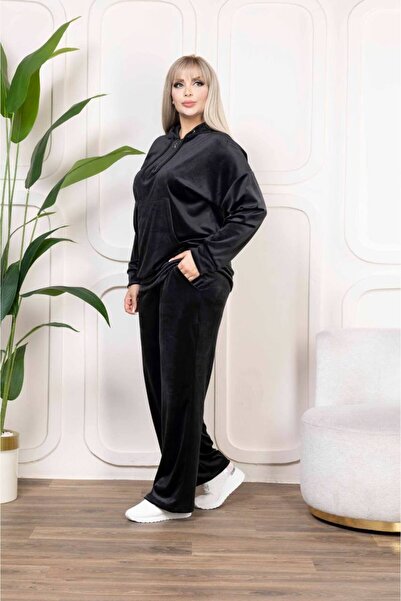 garajmood Black Velvet Fabric Zipper Detailed Collar Bottom & Top Set Plus Size Set