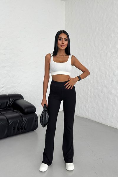 veres Y2K Style Black Combed Cotton Fabric Ribbed Waist Flared Women's Trousers