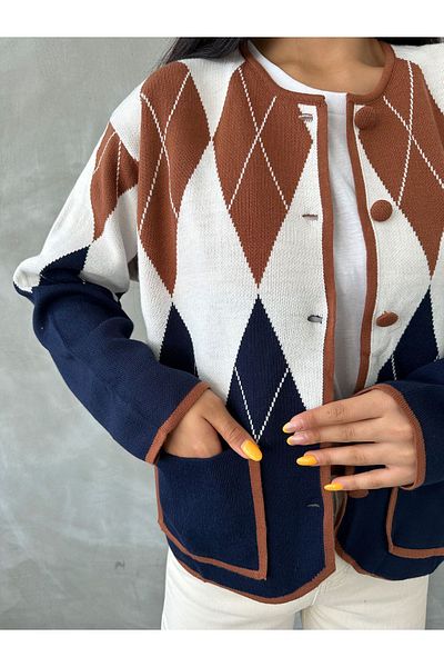 hotfas Women's Camel Diamond Patterned Knitwear Cardigan with Piping Detail