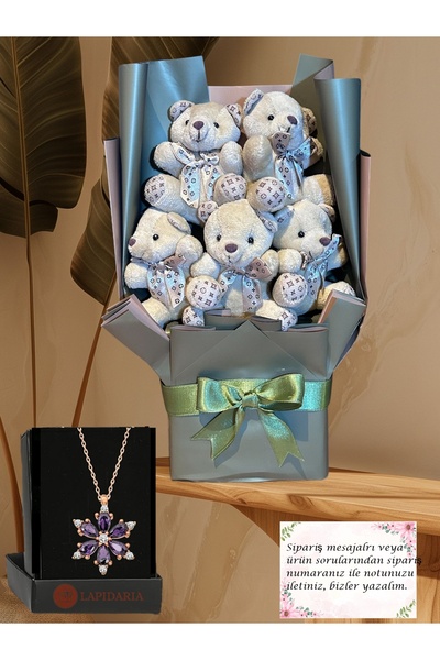 Lapidaria Kahverengi Ayıcık Buketi ve Lotus Kolye , Sevgiliye Hediye, Doğum G...