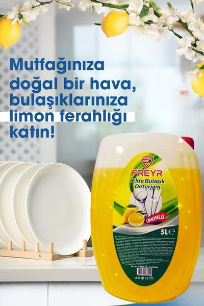 FREYR Elde Bulaşık Deterjanı Limon Kokulu 5 Lt (GÜÇLÜ YAĞ VE KİR ÇÖZÜCÜ)