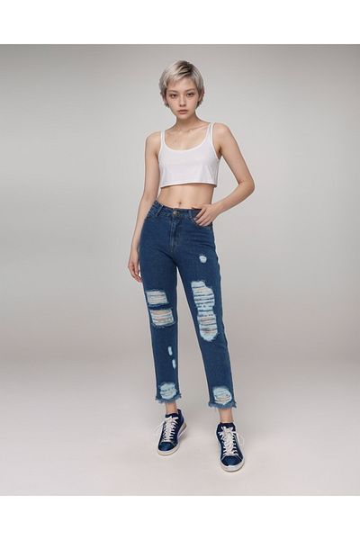 SHEVEGA Navy Blue Ripped Mom Jean Boyfriend Jeans
