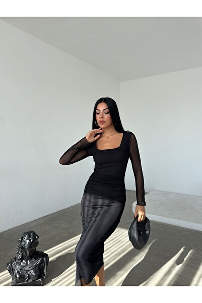 NFES TEKSTİL Kare Yaka Drapeli Tül Elbise