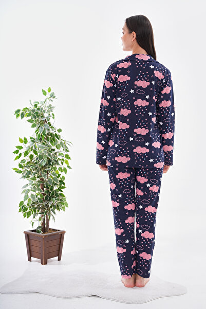 Arvin Pijama Kadın Pamuklu Düğmeli Bulut Baskılı Pijama Takımı