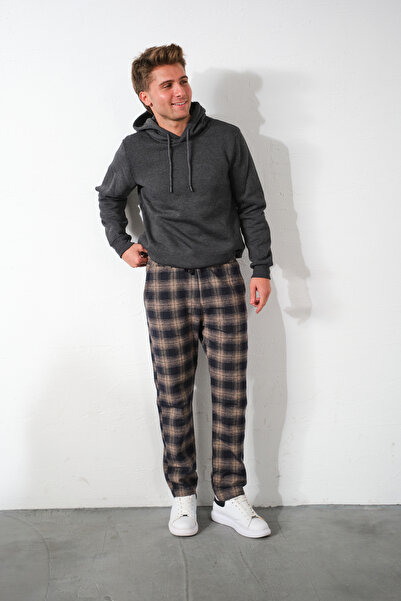 Domoda Bej Ekoseli Flanel Pijama Altı Rahat Kesim Dar Paça Pamuklu Erkek Pantolon