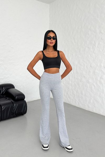 veres Women's Gray Combed Fabric Waist Ribbed Spanish Leg Y2K Trousers