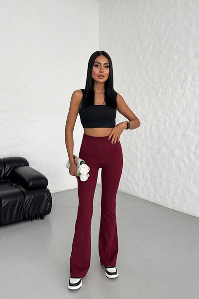 veres Women's Burgundy Combed Cotton Fabric Waist Ribbed Spanish Leg Y2K Trousers