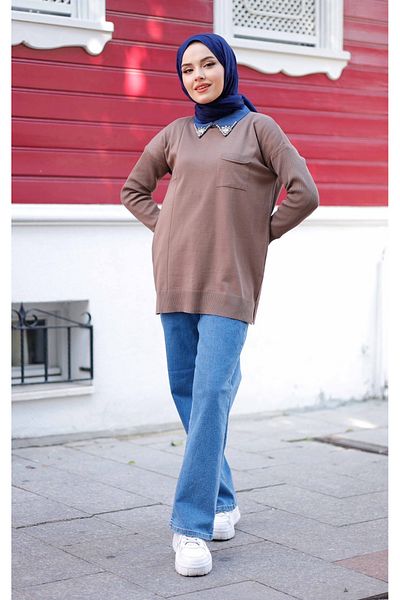 Pamuk Butik Women's Mercerized Collar Stone Detailed Knitwear Tunic