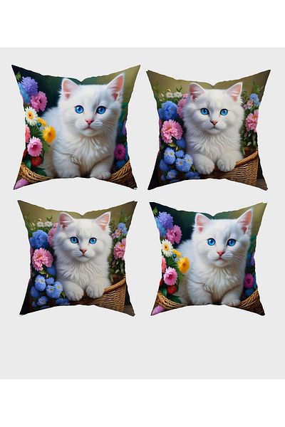Şah Dekor White Cat Blue Pink Floral Digital Printed Gift Set of 4 Throw Pillow Pillowcases