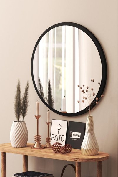 SUEL HOUSE Siyah Dekoratif Yuvarlak Duvar Aynası 45cm