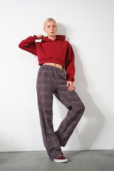 Domoda Red Plaid Flannel High Waist Pajama Bottoms Relaxed Fit Wide Leg Cotton Women's Pants