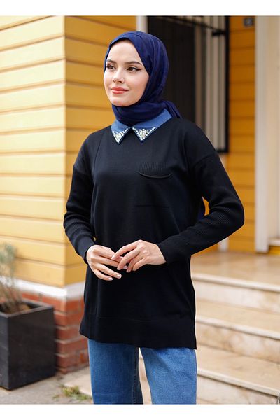 Pamuk Butik Women's Mercerized Collar Stone Detailed Knitwear Tunic