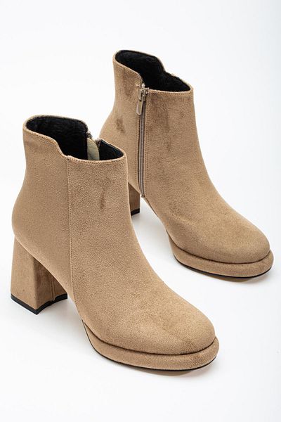 Dilimler Ayakkabı Beige Suede Women's Platform Boots - Face Zipper