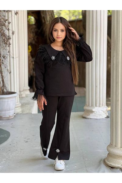 Öyküm Moda Kids Stylish Comfortable Style Girl's Set with Feather Detail and Brooch