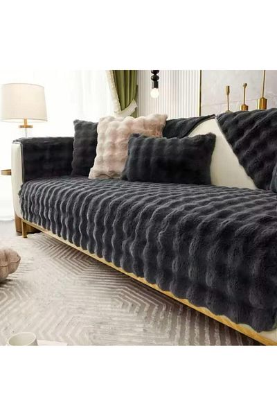 MER HOME Pluș de iepure în relief cu model diamantat gros pentru scaunul de trei persoane (1 buc) Dimensiune 80*190 cm (NEGRU)