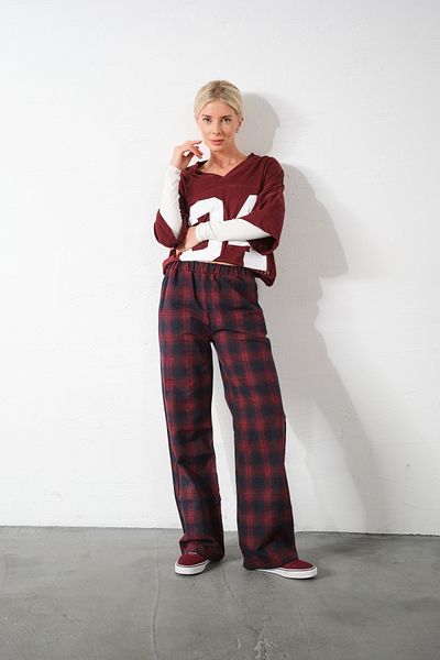 Domoda Karierte Flanell-Pyjamahose mit hoher Taille, bequem geschnittene Damenhose aus Baumwolle mit weitem Bein