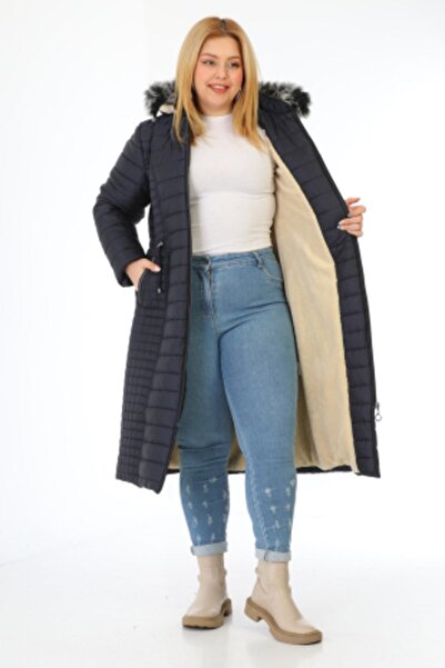 TUTveAL Collection Women's Navy Blue Fur Lined Coat Long Quilted Coat Hooded ...
