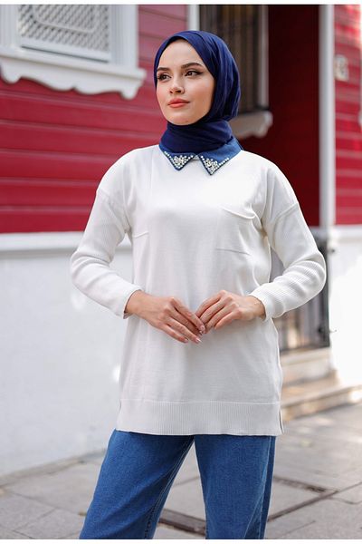 Pamuk Butik Women's Mercerized Collar Stone Detailed Knitwear Tunic