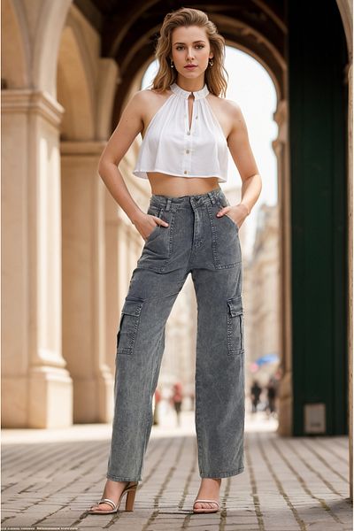 SHEVEGA Smoked Cargo Pocket Palazzo Jean Wide Leg Loose Jeans
