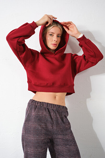 Domoda Burgundy Cotton Hooded Low Sleeve Short Crop Women's Sweatshirt