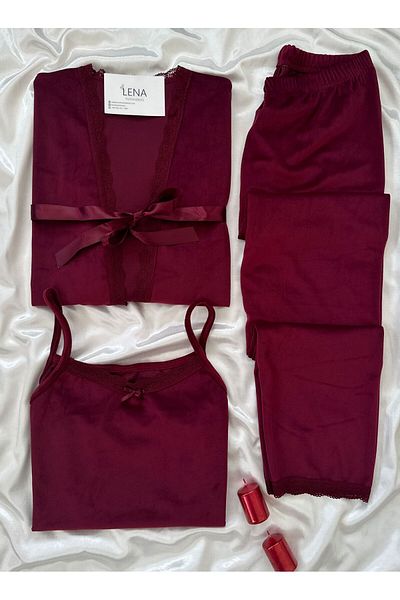 Lena Homewears Set pijamale de damă din catifea burgundă