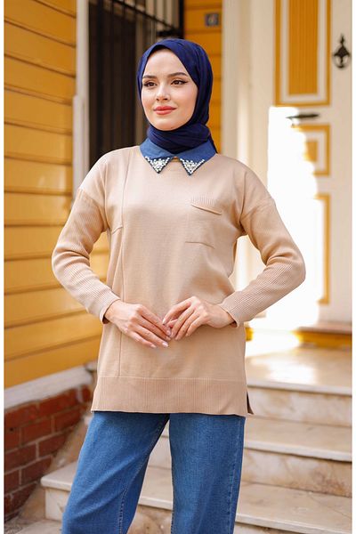 Pamuk Butik Women's Mercerized Collar Stone Detailed Knitwear Tunic