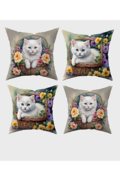 Şah Dekor Set de 4 fețe de pernă pentru cadou cu imprimeu digital, pisică alb...