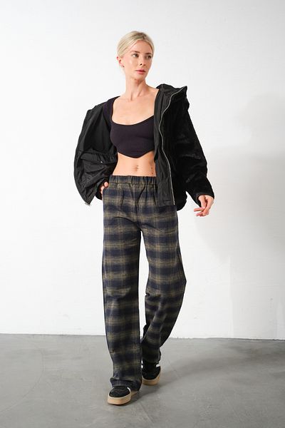 Domoda Karierte Flanell-Pyjamahose mit hoher Taille, bequem geschnittene Damenhose aus Baumwolle mit weitem Bein