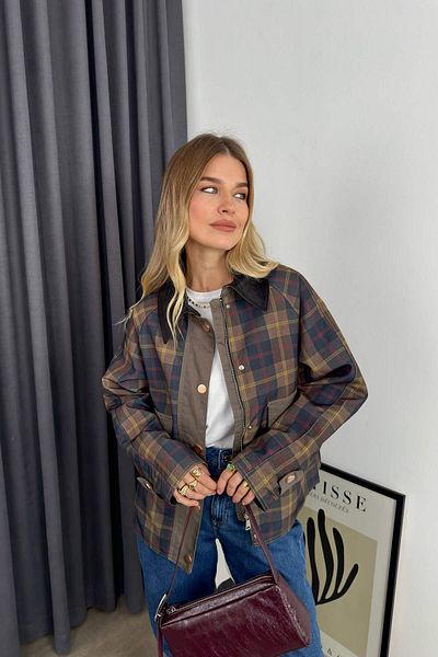 Sue Store Khaki Navy Blue Plaid Lined Velvet Collar Jacket