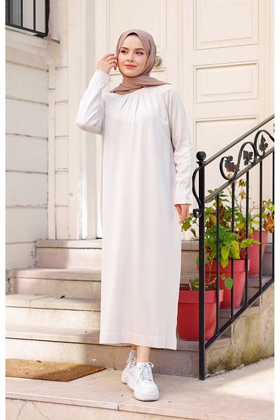 Pamuk Butik Women's Mercerized Pleated Gipe Detailed Knitwear Dress