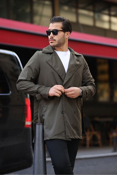 Jaglion Men's Khaki Belted Water and Windproof Trench Coat Top Coat