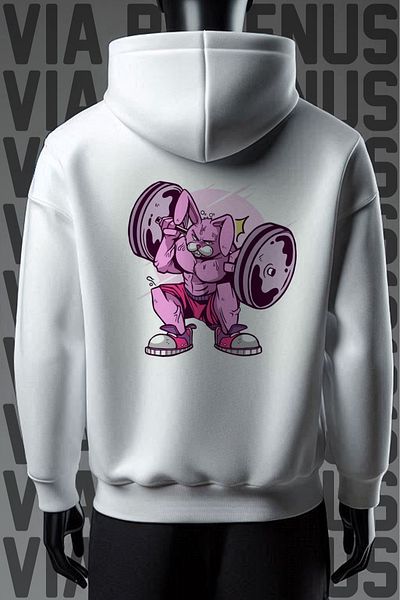Vordevia Hanorac cu glugă, unisex, cu 3 fire, cu 3 fire, imprimat față și spate Gym Bunny