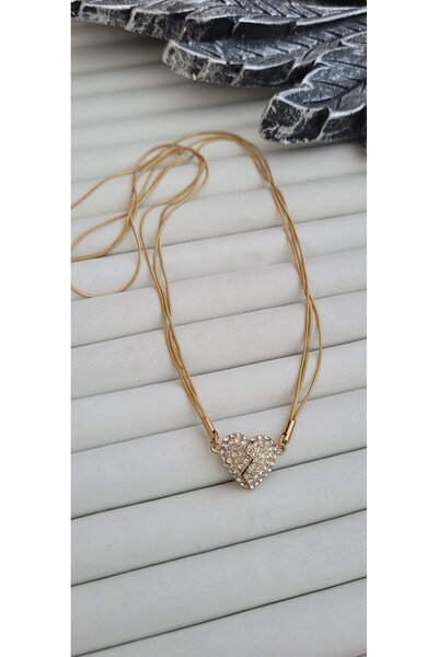 YİĞİTKARANAKSESUAR Steel Three Chain Opening Heart Necklace