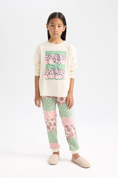 DeFacto Looney Tunes Pyjama-Set für Mädchen – lange Ärmel, elastische Taille, langer Boden D6321a8ns