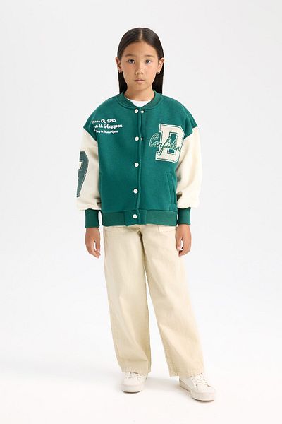 DeFacto Girls' College Collar Snap Closure Pocket Seasonal Printed Thick Inside Soft Feathered Bomber Cardigan