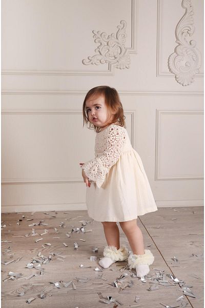 miabambim Natural Fabric Lace Sleeve Vintage Baby Girl Dress Beige