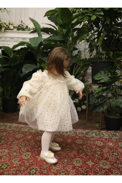 Genel Markalar Yıldızlı Tül Kız Bebek Elbise Krem