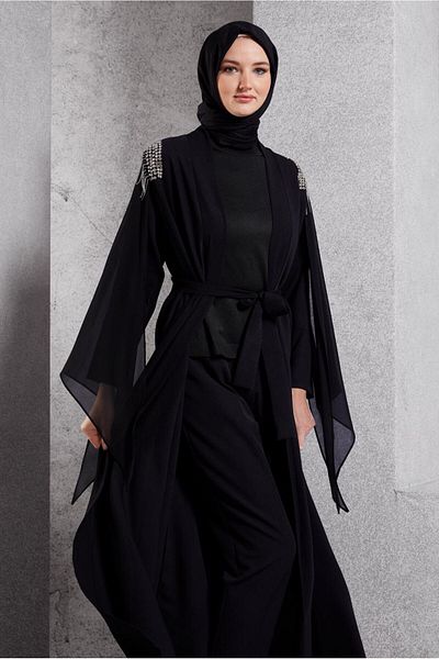 TRENDTESETTÜR Γυναικεία Abaya με λεπτομέρεια από μαύρη πέτρα - T 8164