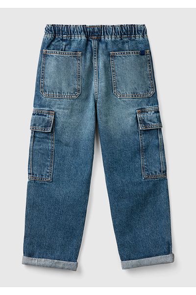 United Colors of Benetton Boy's Denim Back Pocket Logo Elastic Waist Drawstring Denim Trousers