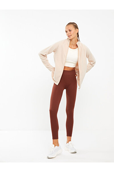 LC Waikiki Beige Mock Neck Plain Long Sleeve Fleece Women's Sports Cardigan