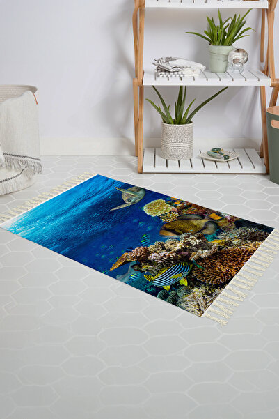 Tropikhome Banyo Paspası Aquarıum Desenli Baskılı 50x80 Püsküllü Polyester Ka...