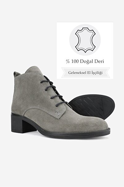 TUNAELLİ KADIN GRİ SÜET HAKİKİ DERİ 36-41 NUMARA KISA TOPUKLU BAĞCIKLI BOT & BOOTİE