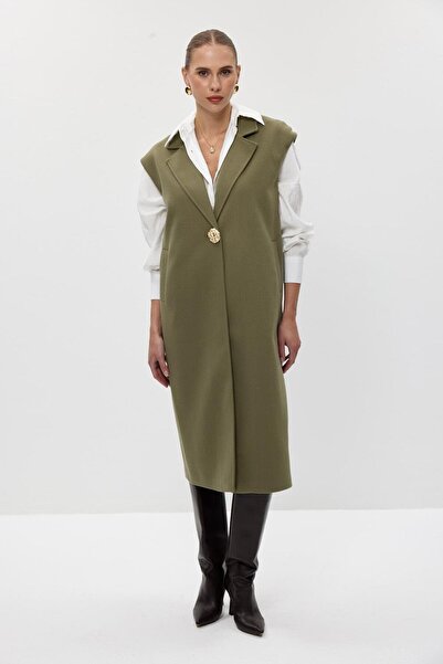Tuba Butik Buttoned Long Stamped Khaki Women's Vest
