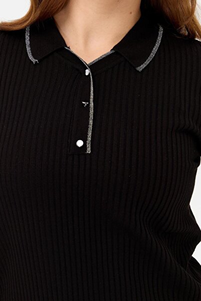 accort Büyük Beden V Yaka Düğmeli Triko Kazak-SİYAH