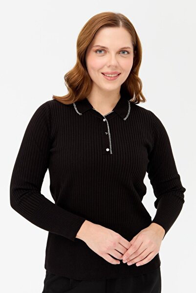 accort Büyük Beden V Yaka Düğmeli Triko Kazak-SİYAH