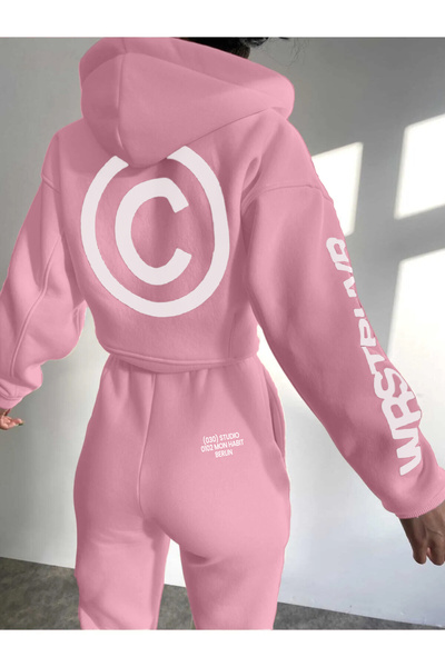 C&C OKULCUNUZ Kadın Wrst Baskılı Fermuarlı Pembe Eşofman Takımı