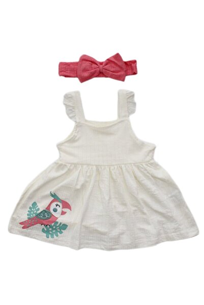 bebegen Krem Tropikal Askılı Bandanalı Elbise