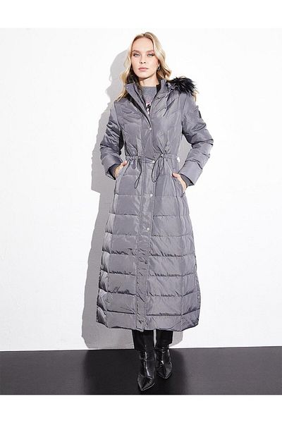 Kayra Quilted Goose down Hooded Fur Coat Smoked